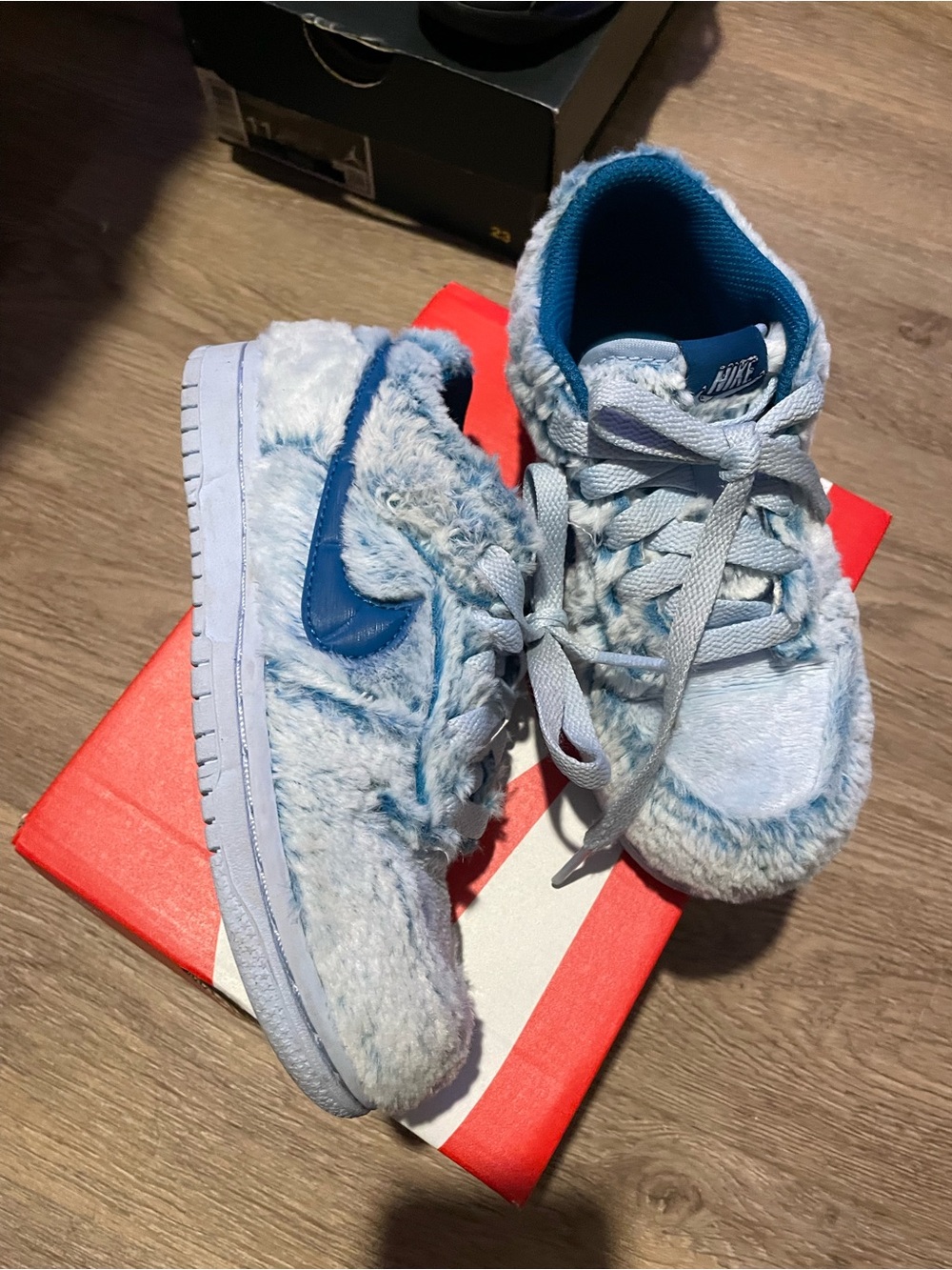 Nike Light Blue Fuzzy Dunk Low Sneakers with Dark Blue Swoosh